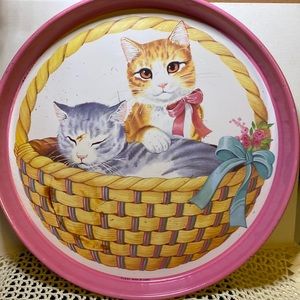 JSNY Two kitties in a basket pink metal round tray